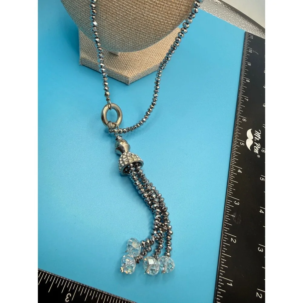 Gunmetal Grey Faceted Bead‎ Tassel Lariat Necklace Rhinestone Iridescent Crystal
